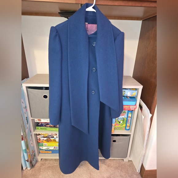Vintage Wool Scarf Jacket Coat A Line Long Blue Over Coat Women's Size 18 Pure - Picture 2 of 16